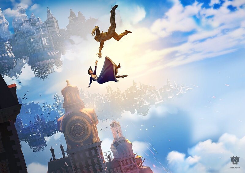 Two People Falling — Blue, Dramatic, Afternoon, Digital Art, City, Clock Tower, Clouds