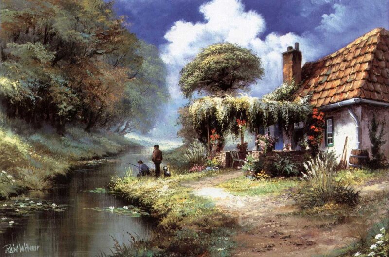 Two People Fishing by Cottage