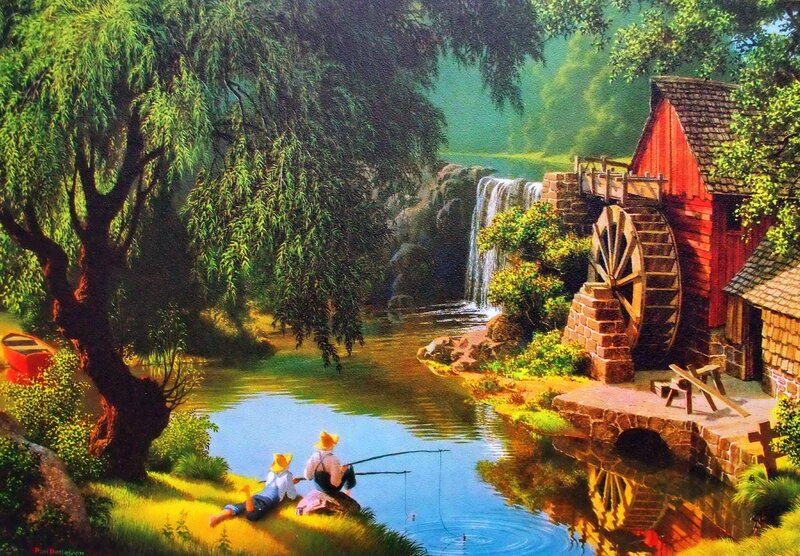 Two People Fishing — Green, Serene