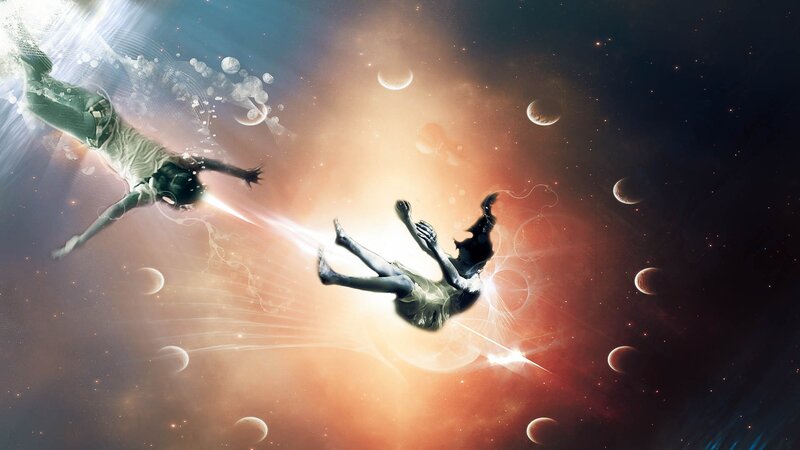 two people floating in space