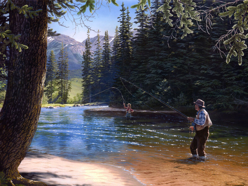 Two People Fly Fishing — Blue, Serene
