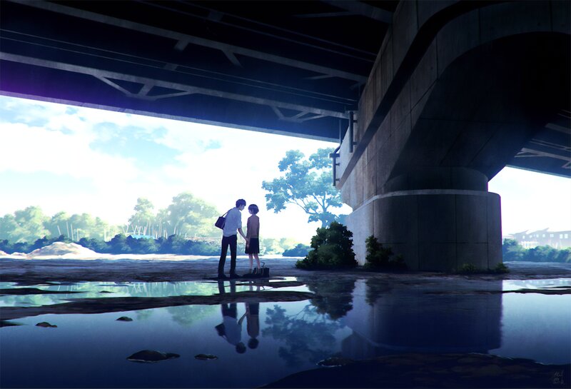Two People Holding Hands — Blue, Serene, Afternoon, Digital Art