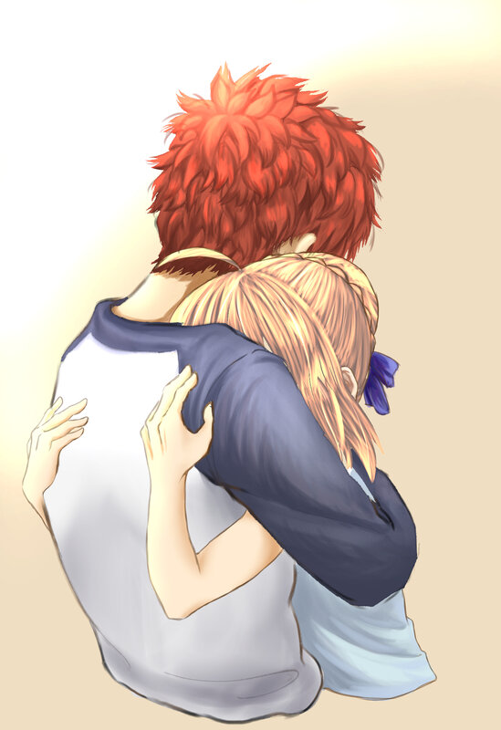 Two People Hugging — Red, Calm, Anime
