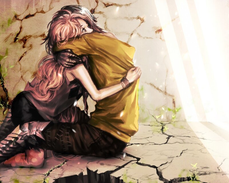 Two People Hugging — Yellow, Dramatic