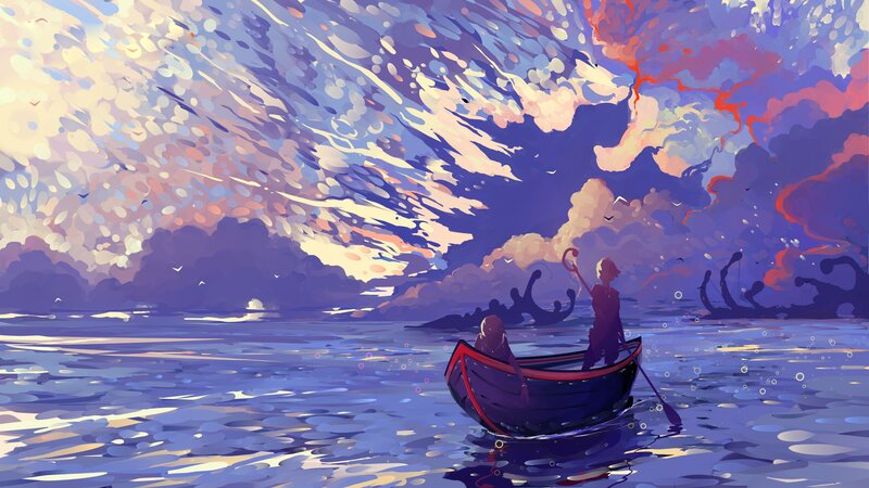 Two People in a Boat — Blue, Dramatic, Sunset