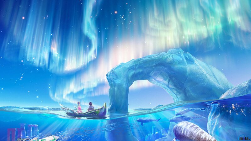 Two People in a Boat — Blue, Serene, Night, Digital Art, Ice Arch, Whales