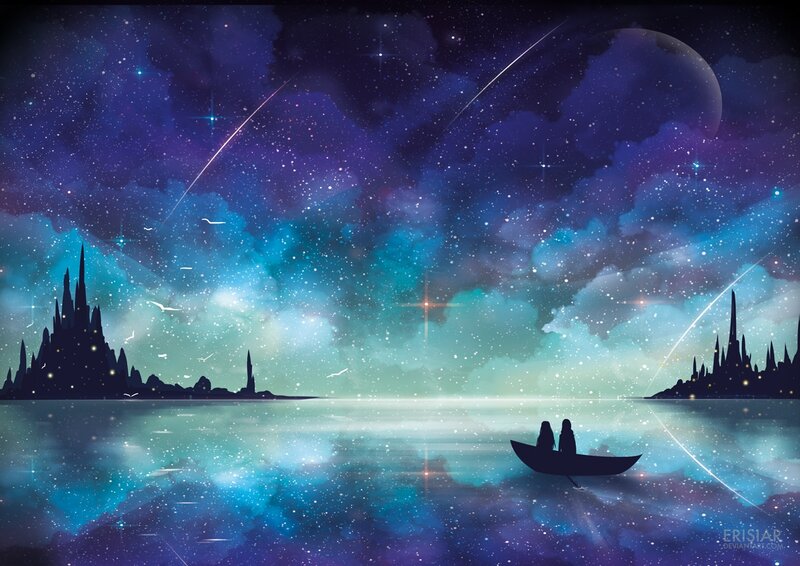 Two People in a Boat — Blue, Serene, Night, Digital Art, Stars