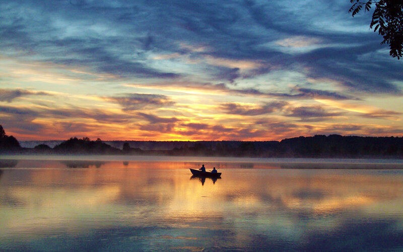 Two People in a Boat — Blue, Serene, Sunset