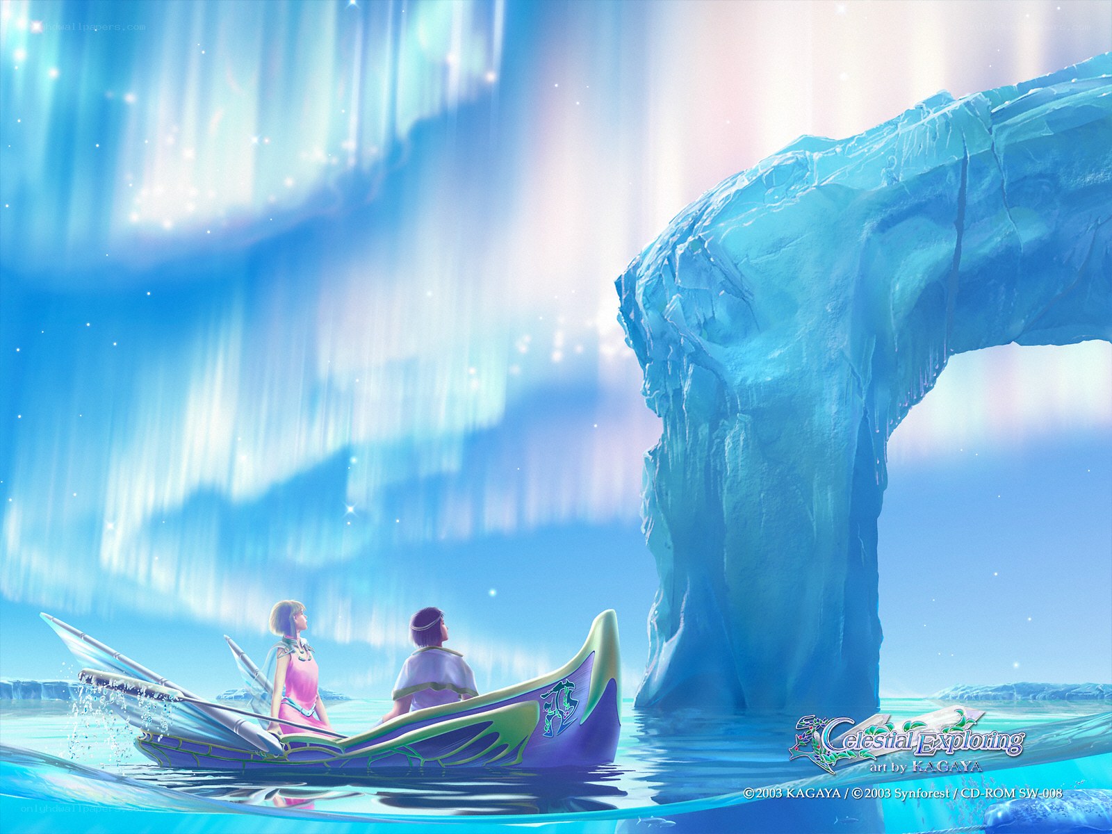 Two people in a boat under aurora