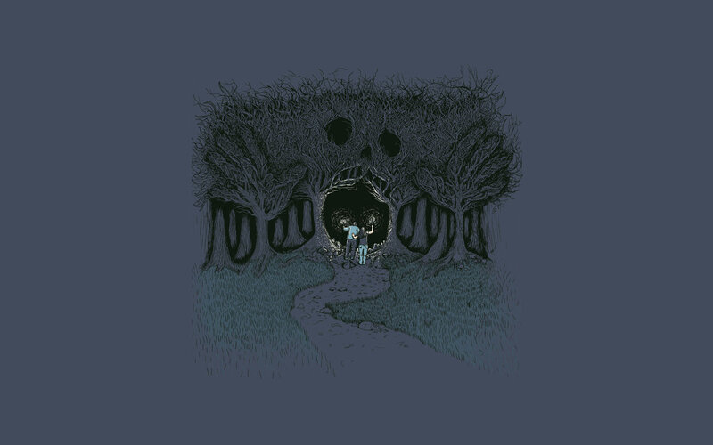Two people in a dark forest