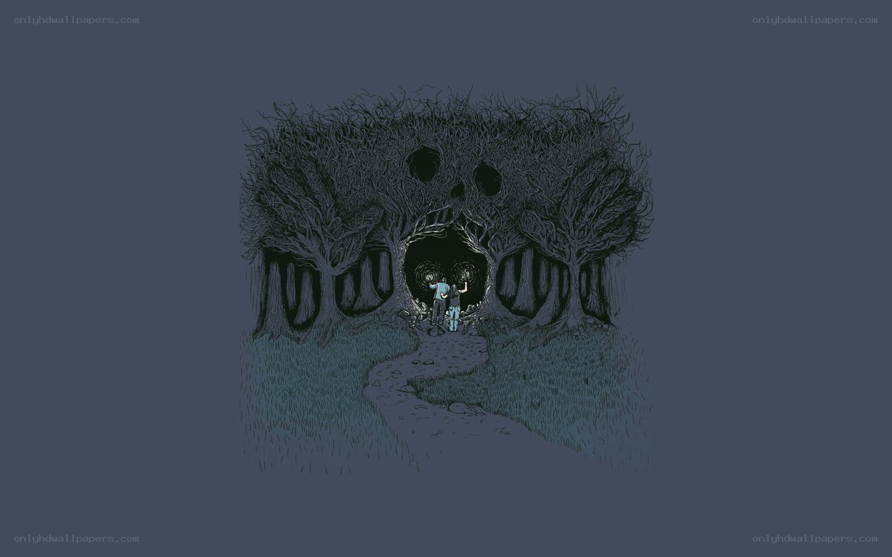 Two people in a dark forest