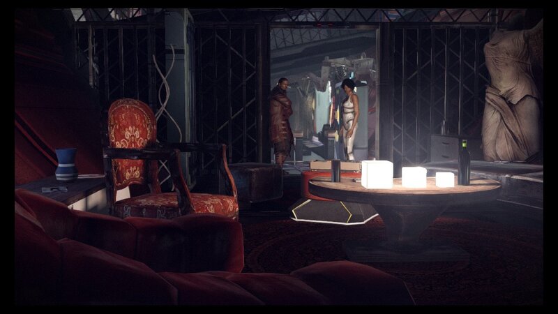 Two People in a Dimly Lit Room — Red