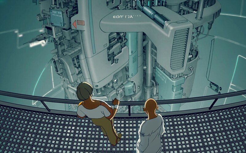 two people in a futuristic facility