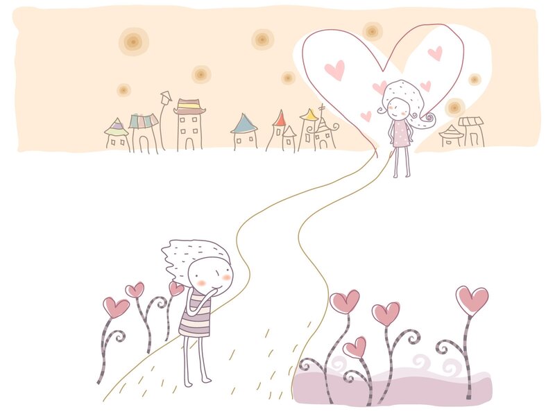 Two people in a heart-shaped world