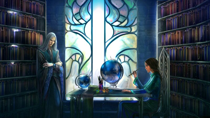 Two People in a Library — Blue
