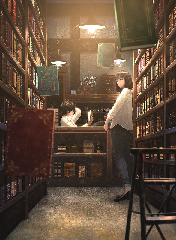 Two People in a Library — Brown