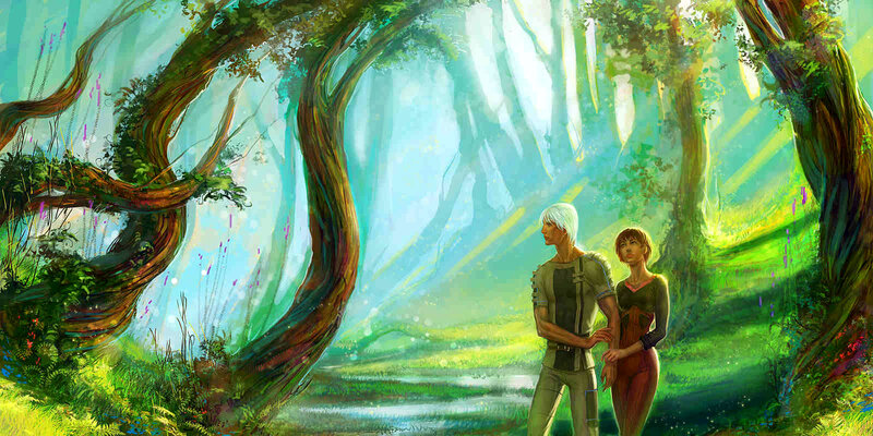 Two People in Forest — Green, Serene, Morning