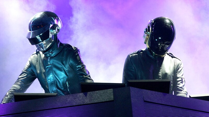 Two People in Helmets — Purple, Dramatic