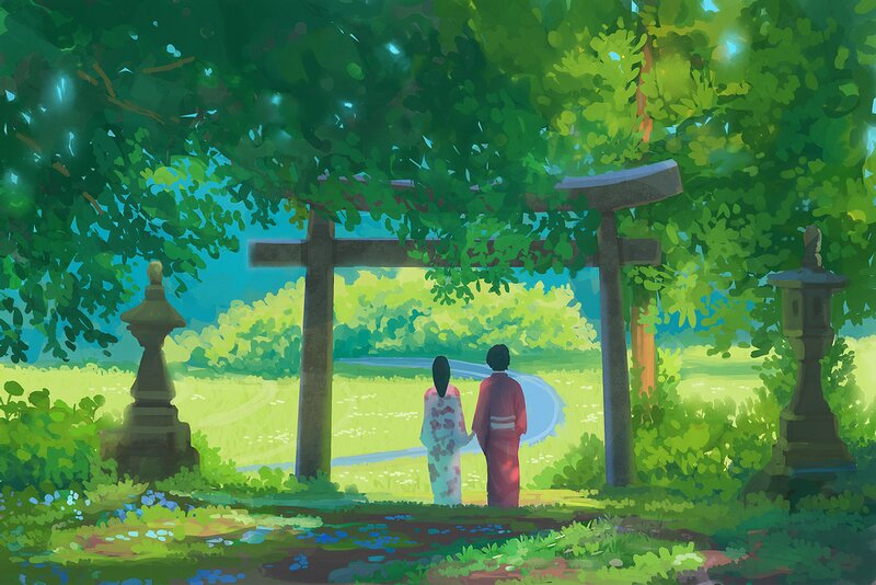 Two People in Kimonos — Green