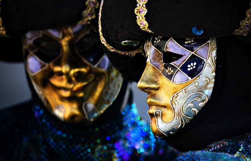 Two People in Masks — Black, Dramatic, Photograph