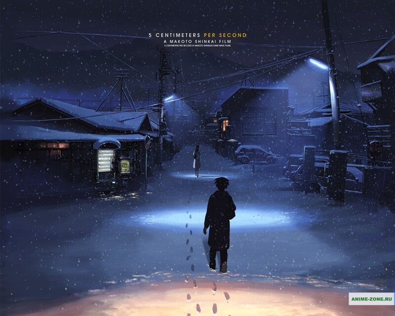 Two People in Snow — Blue, Melancholic, Night, Anime, Streetlights, Footprints