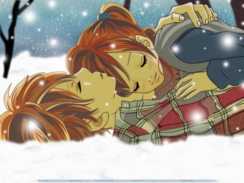 Two People in Snow — White, Peaceful, Winter, Anime