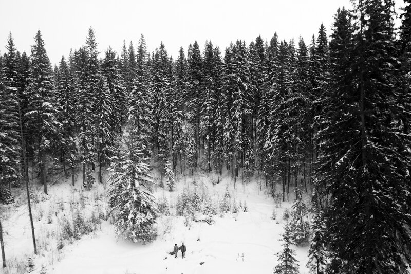 Two People in Snowy Forest — Black