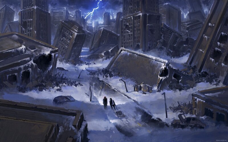 Two People in Snowy Ruins — Blue