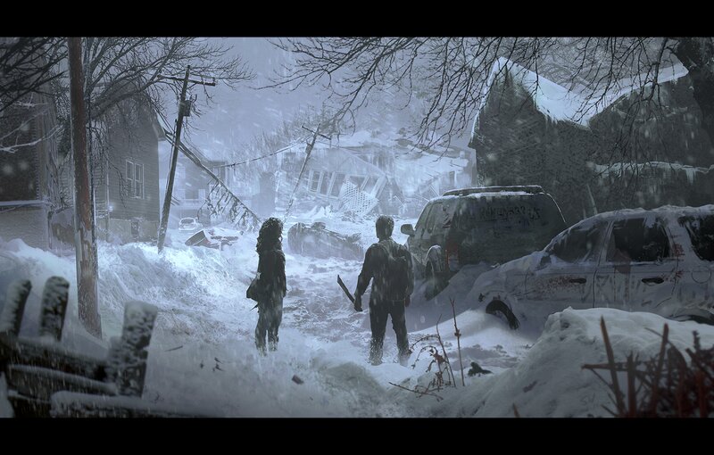 Two People in Snowy Street — White