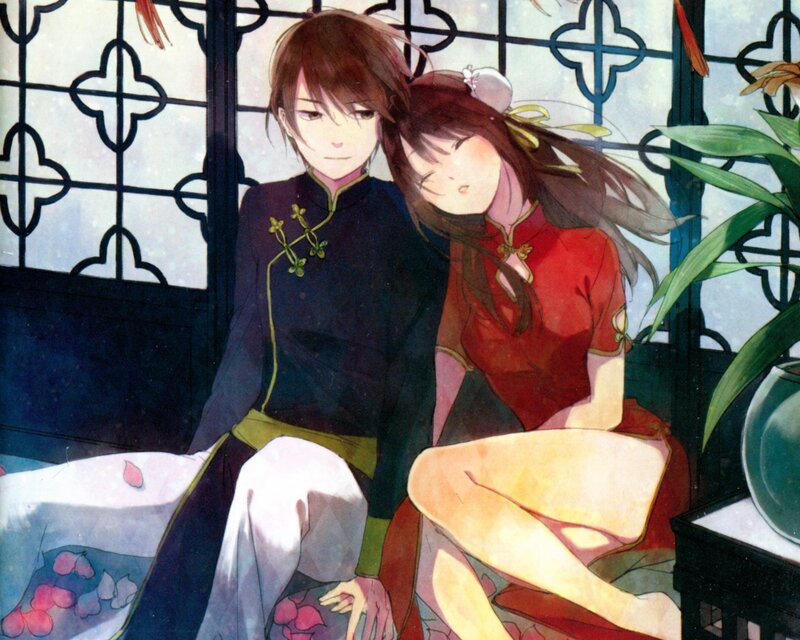 Two People in Traditional Clothing — Red, Calm