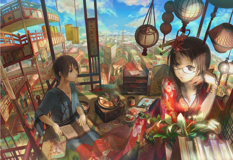 Two People in Traditional Clothing — Red, Serene, Afternoon