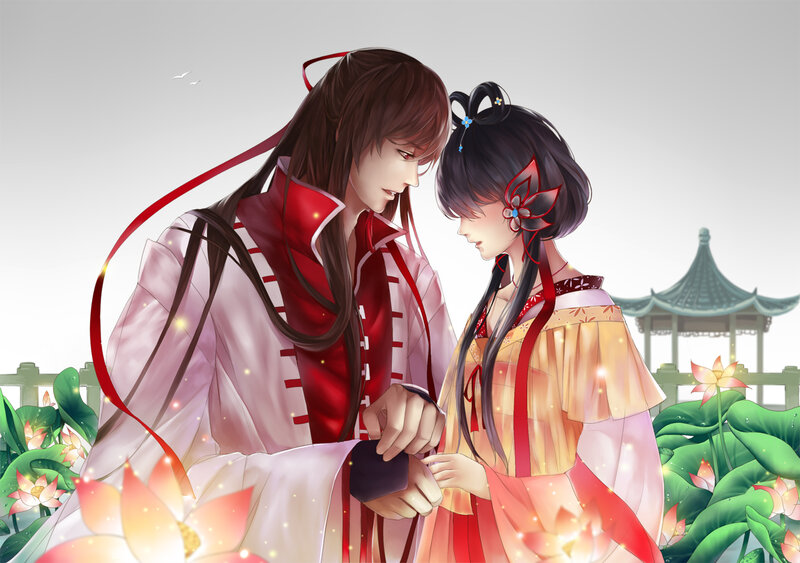 Two People in Traditional Clothing — Red