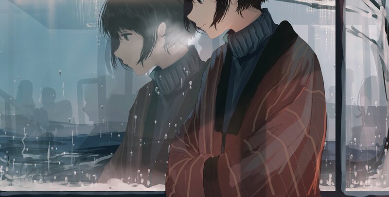 Two People in Winter Coats — Blue