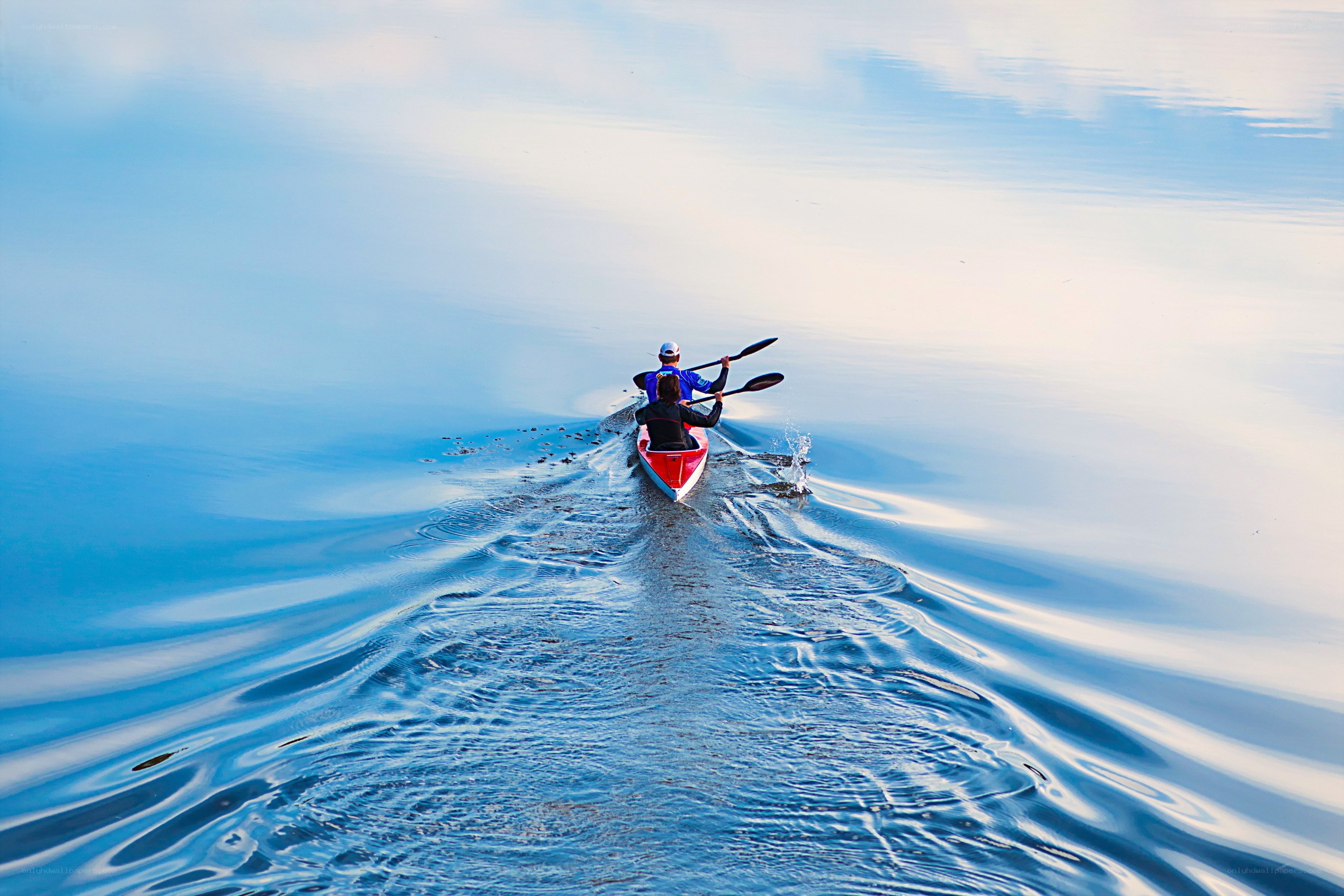 Two people kayaking on calm water