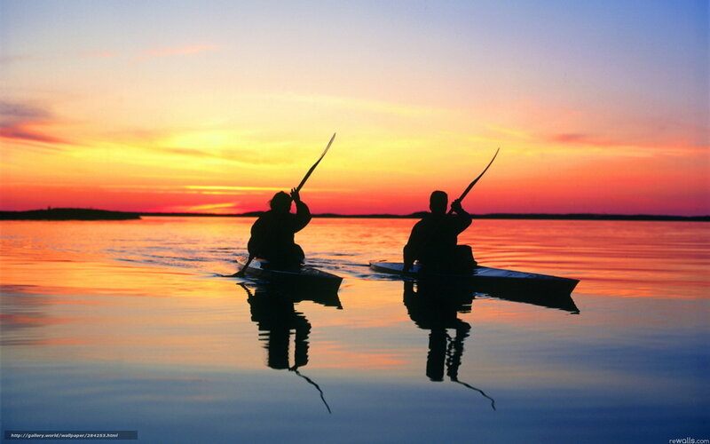 Two People Kayaking — Orange, Serene, Sunset