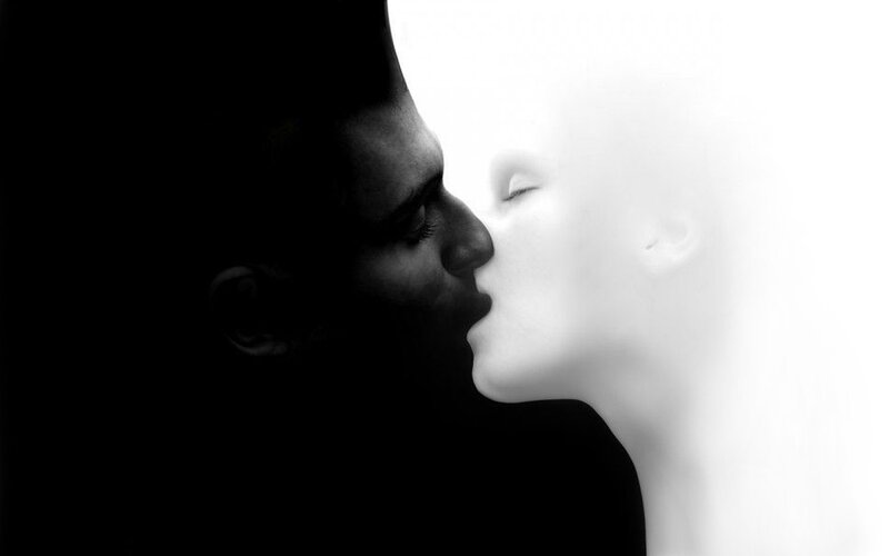 Two People Kissing — Black, Dramatic, Photograph, Faces, White