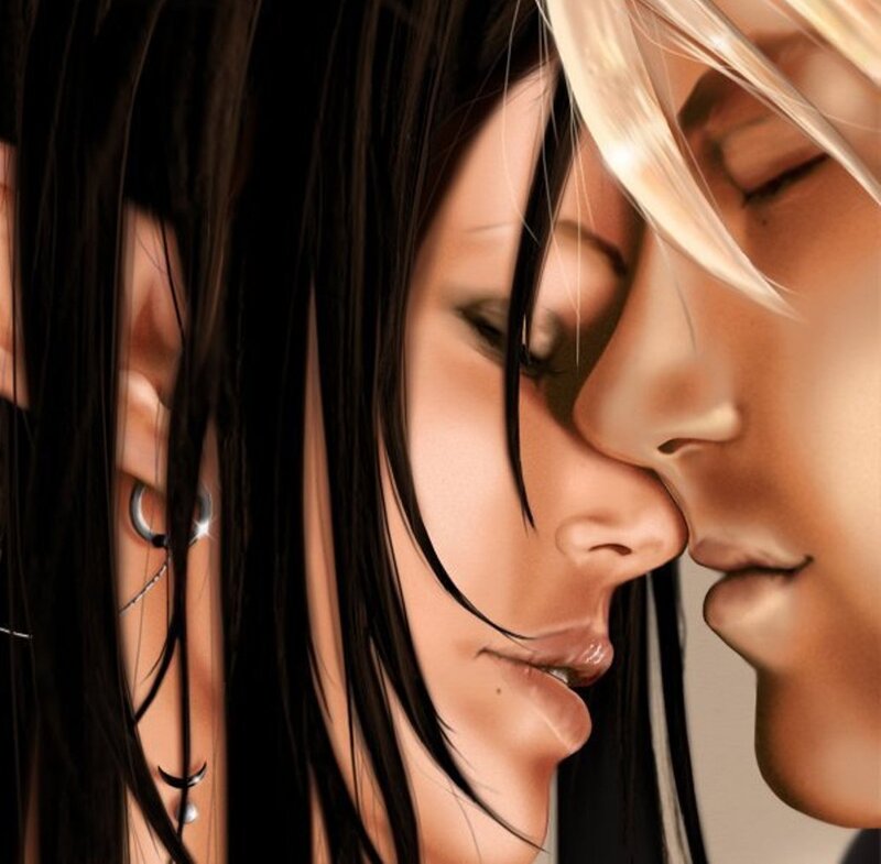 Two People Kissing — Black, Intimate, Digital Art