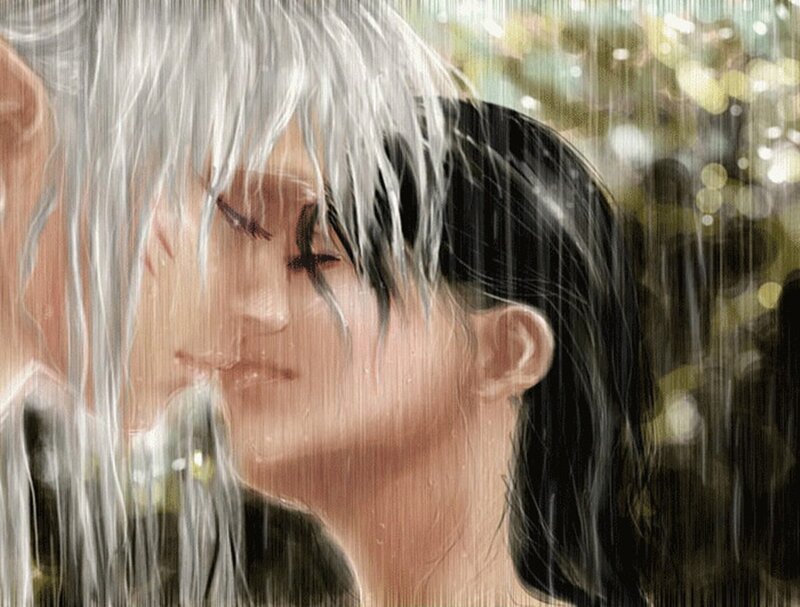 Two People Kissing in Rain — Black