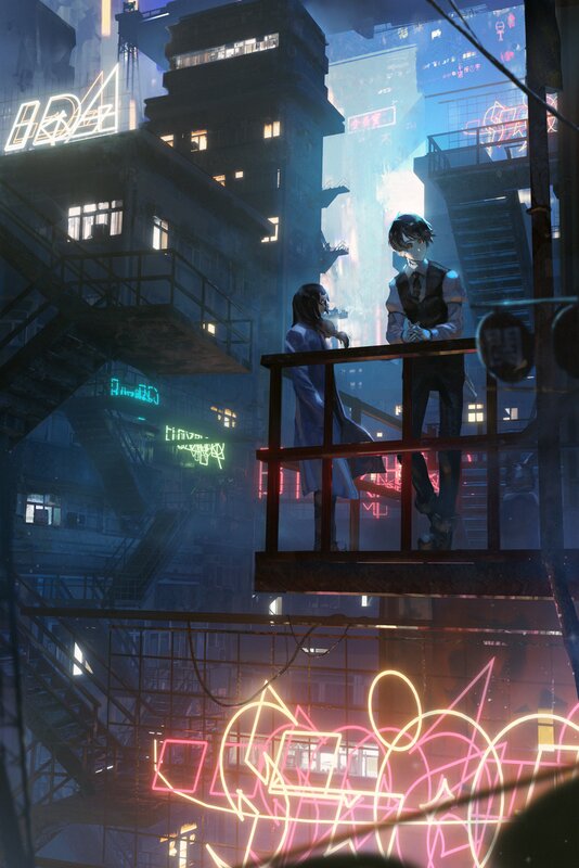 Two People on a Balcony — Blue