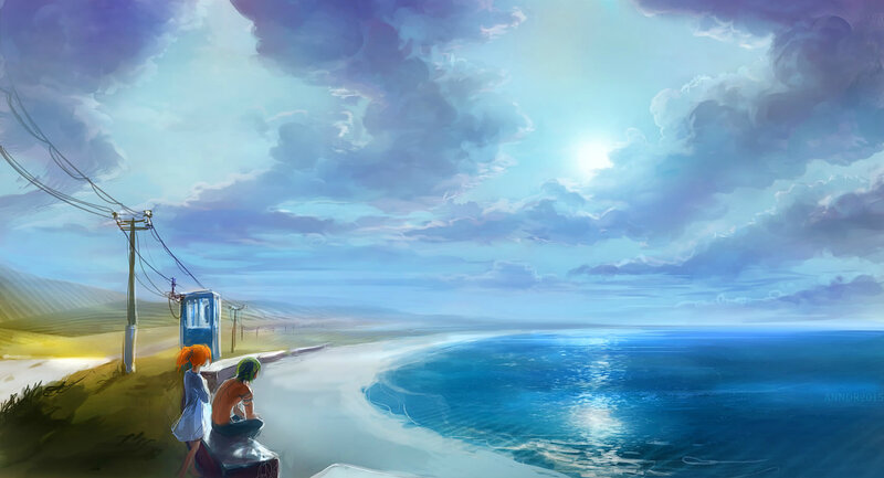Two People on a Beach — Blue, Serene, Afternoon