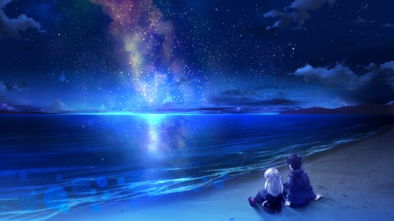 Two People on a Beach — Blue, Serene, Night