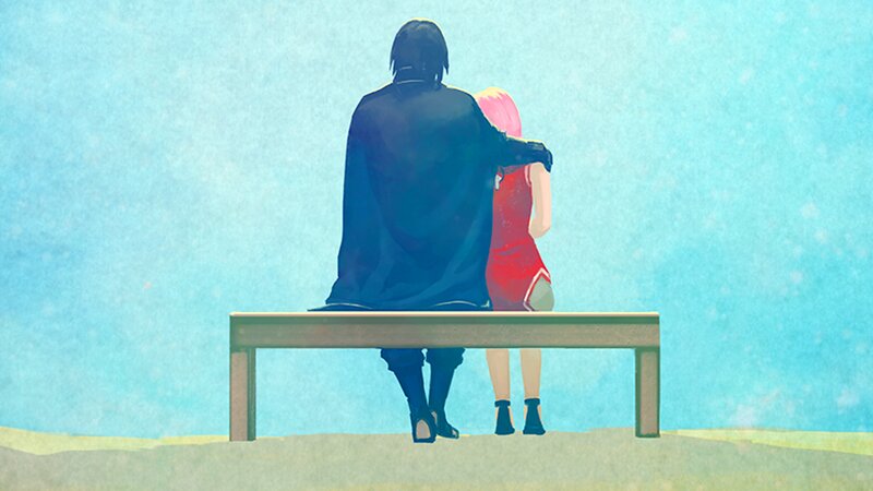 Two People on a Bench — Blue, Serene, Anime