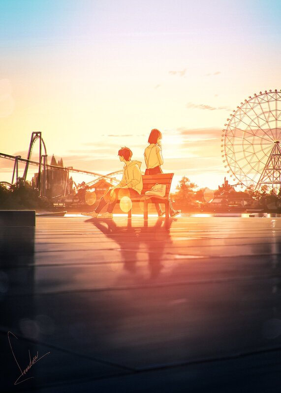 Two People on a Bench — Orange, Serene