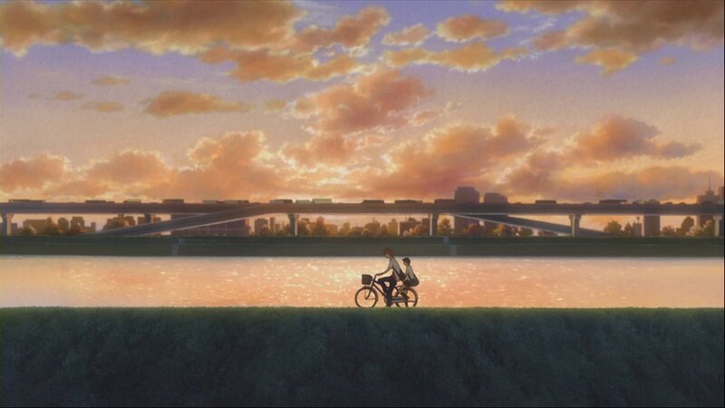 Two People on a Bicycle — Orange, Serene, Sunset, Anime, River