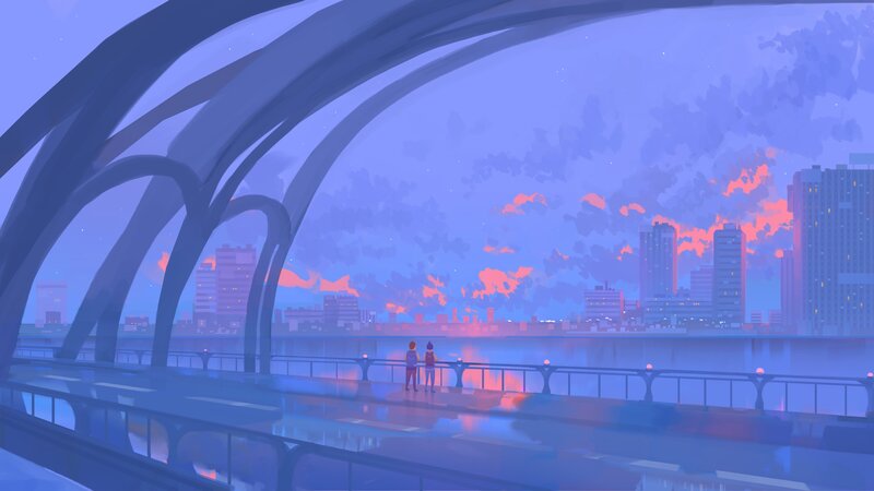 Two People on a Bridge — Blue, Serene, Sunset