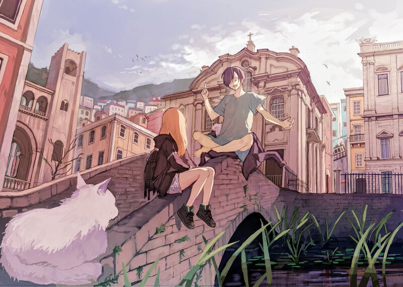Two People on a Bridge — Pink, Serene