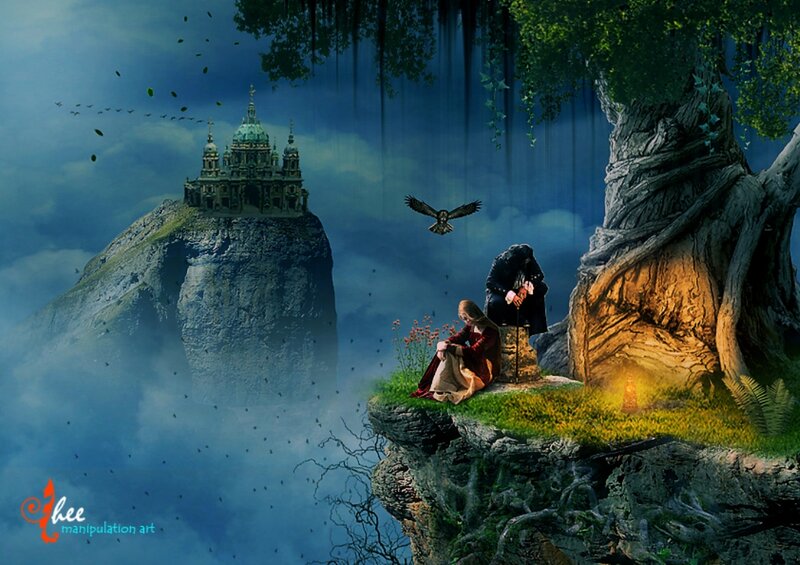 Two People on a Cliff — Blue, Dramatic, Night