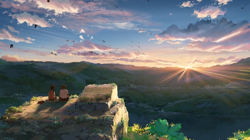 Two People on a Cliff — Blue, Serene, Sunrise