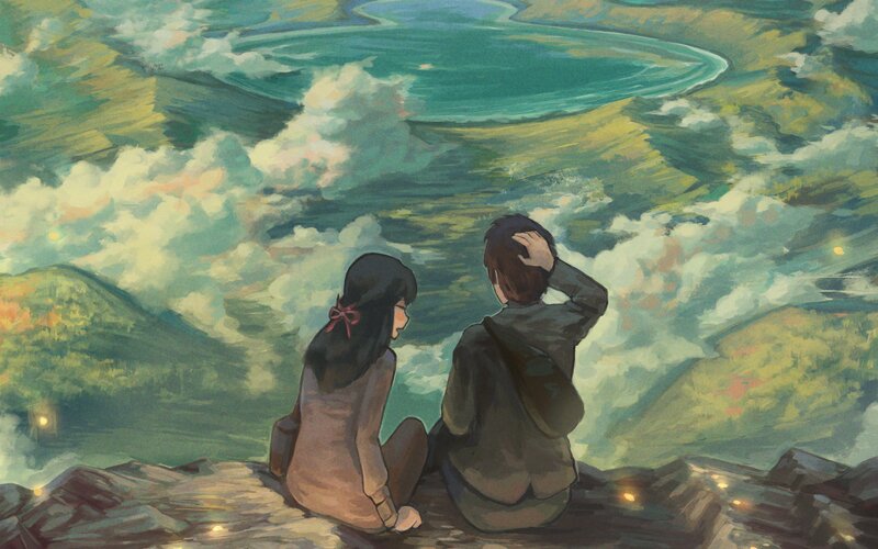 Two People on a Cliff — Green, Serene, Night
