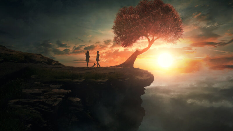 Two People on a Cliff — Orange